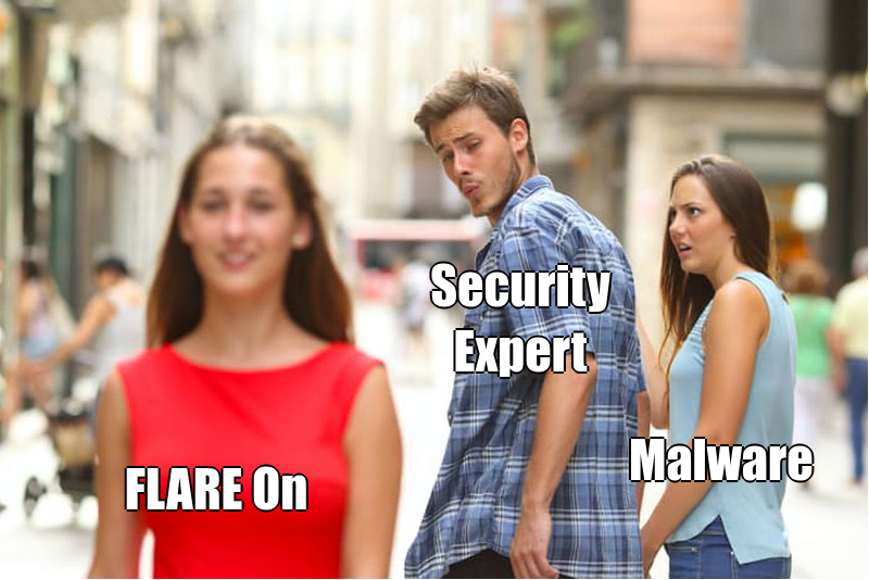 Distracted boyfriend meme, with 'Security Expert' being distracted away from 'Malware' by 'FLARE On'