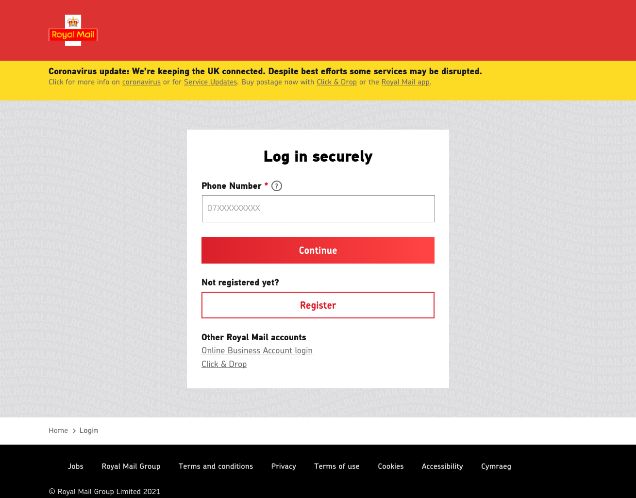 A web page purporting to be by Royal Mail prompting for the victim's phone number.